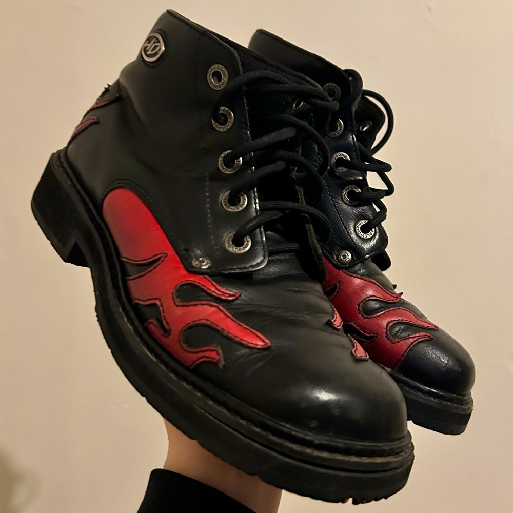 Vintage 90s Harley Davidson Moto Boots w Flame Details